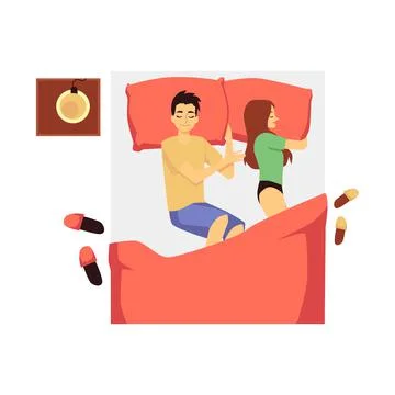 Bed with side table and sleeping couple, flat vector illustration isolated. Stock Illustration