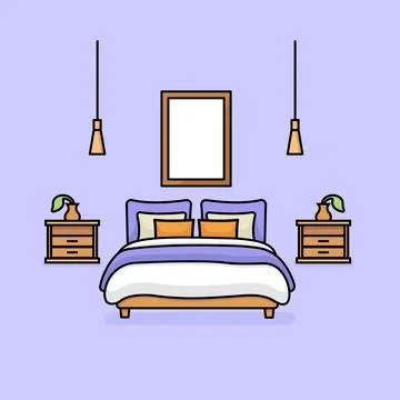 Bed with side table and wall frame interior furniture illustration Stock Illustration