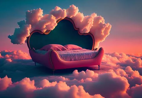 Bed for sleep stands on pink clouds. good soft sleep. Stock Illustration