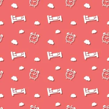 Bed For Sleeping With Alarm Clock And Clouds Seamless Pattern Stock Illustration