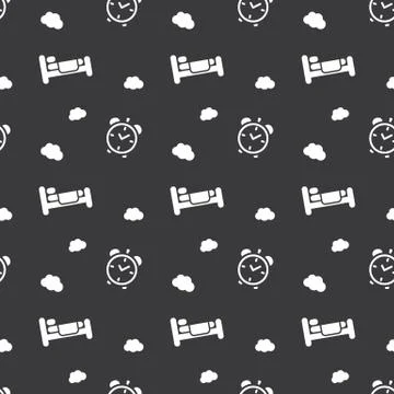 Bed For Sleeping With Alarm Clock Seamless Silhouette Pattern Dark Background Stock Illustration