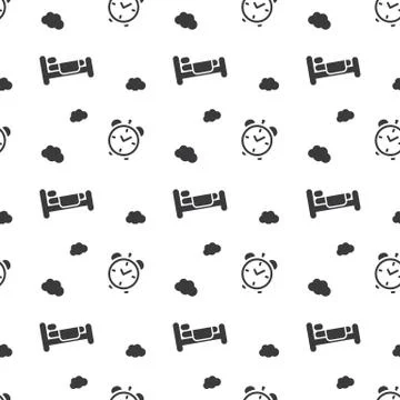 Bed For Sleeping With Alarm Clock Seamless Pattern Silhouette Clear Backgroun Stock Illustration