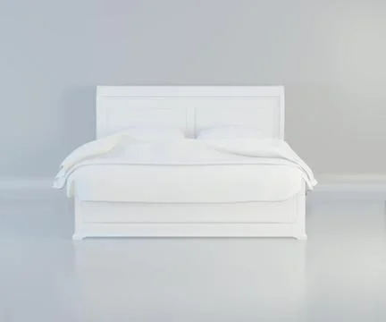 Bed with soft white pillows, front view. 3d rendering Illustrazione stock