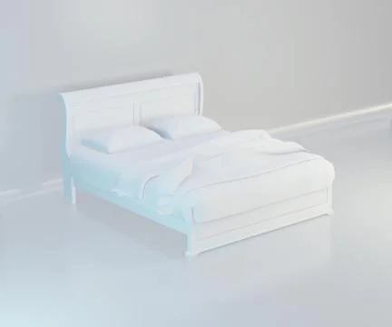 Bed with soft white pillows, front view. 3d rendering Illustrazione stock
