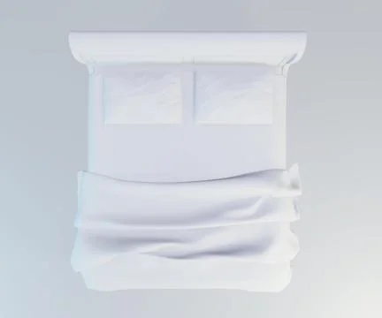 Bed with soft white pillows, front view. 3d rendering. top view Illustrazione stock