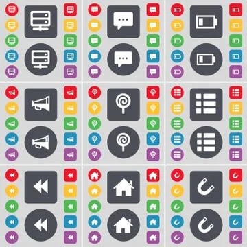 Bed-table, Chat bubble, Battery, Megaphone, Lollipop, List, Rewind, House, Magne Stock Illustration