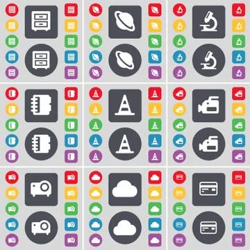 Bed table, Planet, Microscope, Notebook, Cone, Film camera, Projector, Cloud, Cr Stock Illustration