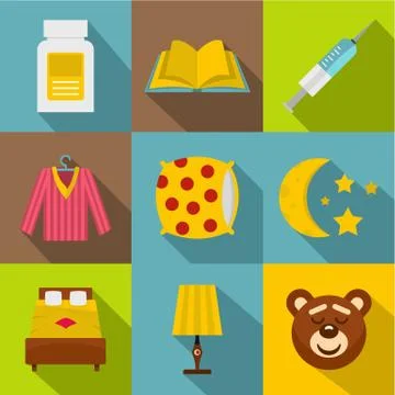 Bed time rest icon set, flat style Illustrazione stock