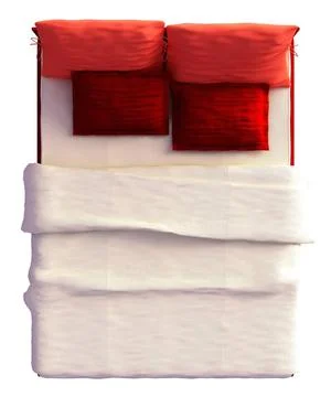 Bed Top View Isolated On White Top view of a bed with a blanket and a pill... Stock Photos