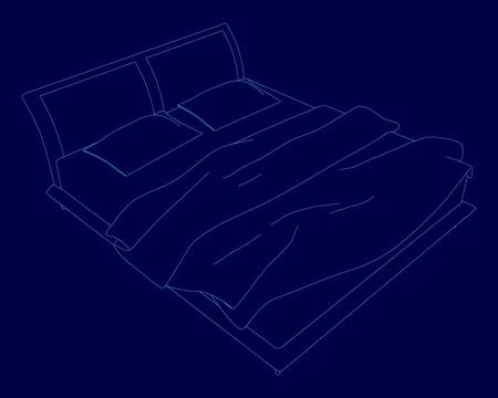 Bed with two pillows and a blanket. The bed is blue and the pillows are blue Stock Illustration