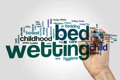 Bed wetting word cloud concept on grey background Stock Photos