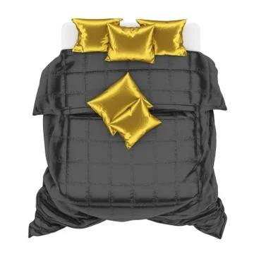 Bed with white sheet, black blanket and gold pillows on a white background top 스톡 일러스트