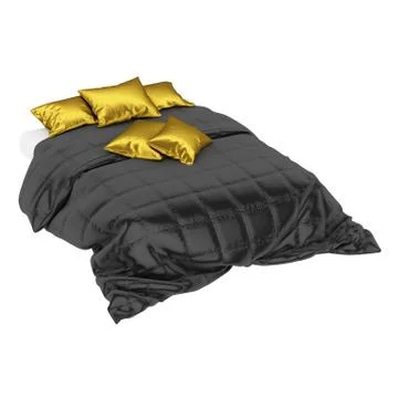 Bed with white sheet, black blanket and gold pillows on a white background. 3d 스톡 일러스트