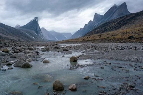 Bed of wild Weasel river in remote arctic valley on a cloudy and rainy day Stock-Fotos