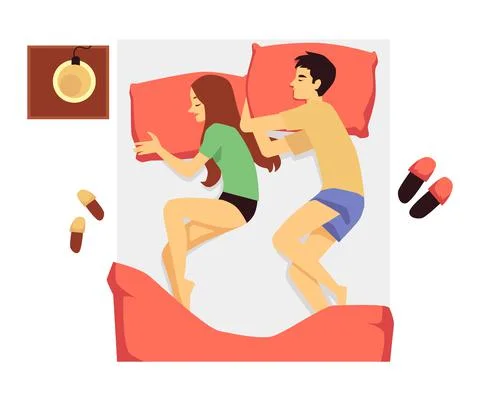 Bed with young couple sleeping together, flat vector illustration isolated. Stock Illustration