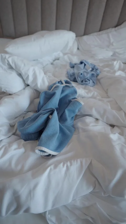 Bedding on the floor with clothes scattered around Stock Footage 338152222