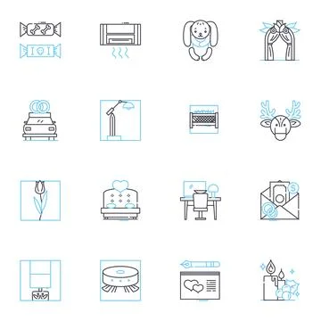 Bedecking linear icons set. Adorn, Embellish, Ornament, Decorate, Trim, Festoon Stock Illustration