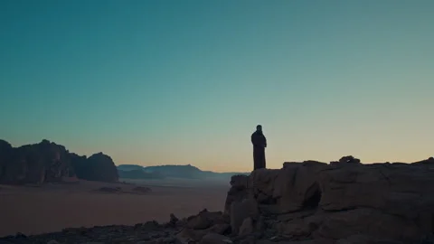 Bedouin standing on the rocks in the desert Stock Footage 271597746