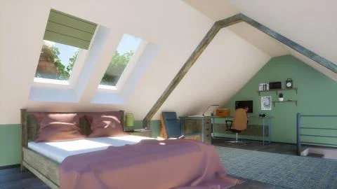 Bedroom in attic with double bed and home office Stock Illustration