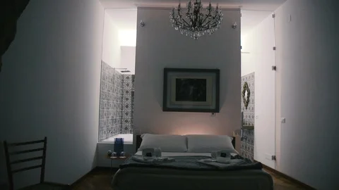 Bedroom with background bathroom Stock Footage 86171815