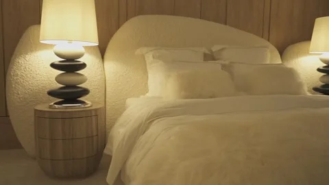 Bedroom with bed, bedside table and lamp in modern style Stock Footage 273142246