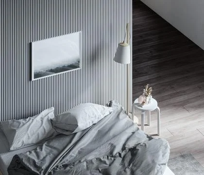 Bedroom with bed with site white table and a lamp . Illustrazione stock