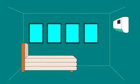A bedroom with a bed, a window, and a white air conditioner Stock Illustration