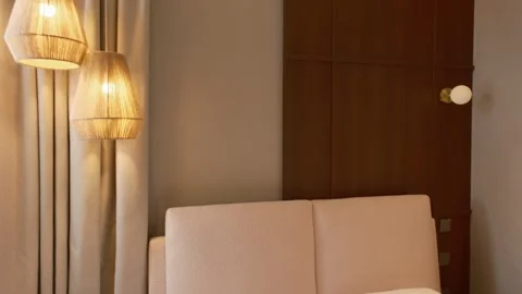 Bedroom in a chic expensive villa in Dubai, illuminated by sunlight Stock Footage 310732175
