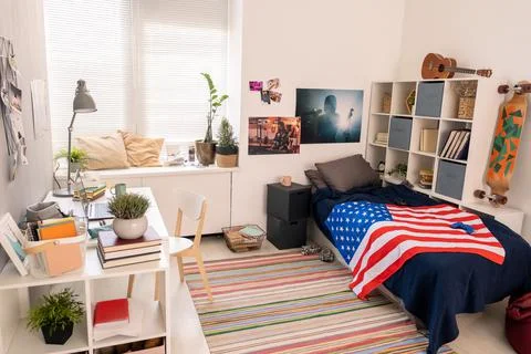 Bedroom of contemporary American student or home office manager Stock Photos
