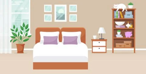 Bedroom with double bed. Modern interior. Vector banner. Stock Illustration