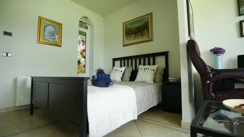 Bedroom With Double Beds And Work Space Stock-Footage 94348348