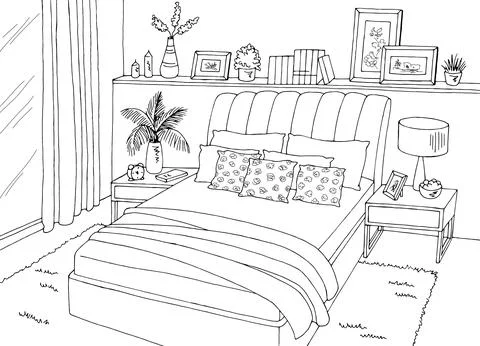 Bedroom graphic black white home interior sketch illustration vector Stock Illustration