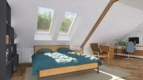 Bedroom interior in attic with bed and home office Stock Illustration