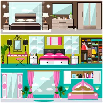 Bedroom interior banners set in flat style. Vector illustration. House room Stock Illustration