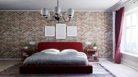 Bedroom interior. Bed. 3d illustration Stock Footage 124272632