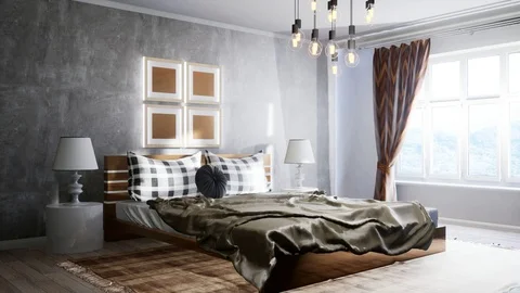 Bedroom interior. Bed. 3d illustration Stock Footage 124294556