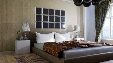 Bedroom interior. Bed. 3d illustration Stock Footage 124295916