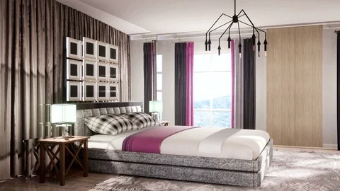 Bedroom interior. Bed. 3d illustration Stock Footage 128342437