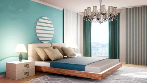 Bedroom interior. Bed. 3d illustration Stock Footage 128342441