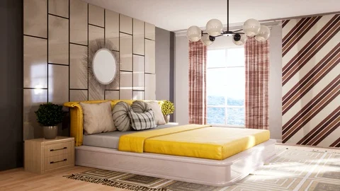 Bedroom interior. Bed. 3d illustration Stock Footage 128343100
