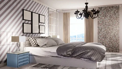 Bedroom interior. Bed. 3d illustration Stock Footage 128343260