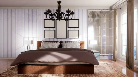 Bedroom interior. Bed. 3d illustration Stock Footage 128343261