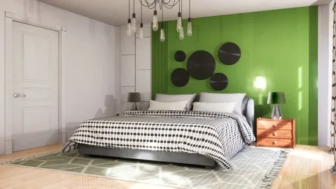 Bedroom interior. Bed. 3d illustration Stock Footage 130691844
