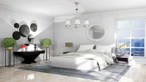Bedroom interior. Bed. 3d illustration Stock Footage 133169723