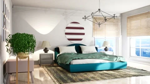Bedroom interior. Bed. 3d illustration Stock Footage 133169799