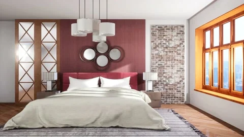 Bedroom interior. Bed. 3d illustration Stock Footage 138353717