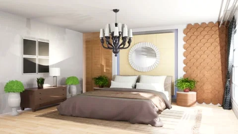 Bedroom interior. Bed. 3d illustration Stock Footage 138353723