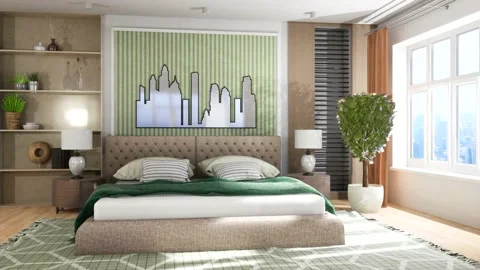 Bedroom interior. Bed. 3d illustration Stock Footage 138885989