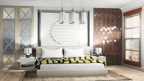 Bedroom interior. Bed. 3d illustration Stock Footage 139814347