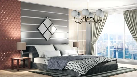 Bedroom interior. Bed. 3d illustration Stock Footage 139814538